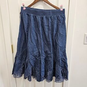 Vtg Krazy Jeans Denim Midi Skirt Lace Trim Elastic Waist Women's Size XXLarge